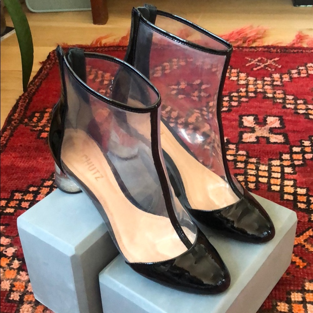 Schutz black patent, PVC & acrylic booties - 8.5